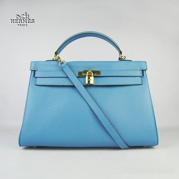 6308 Hermes Kelly 35 centimetri Togo Leather Bag Blue Light 6308 Oro Har